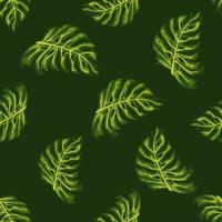 exotische palm gebladerte naadloze patroon met willekeurige groene monstera bladvormen. zwarte achtergrond. vector