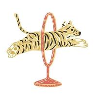 tijger sprong door circus ring geïsoleerd op een witte achtergrond. schattig karakter van safari in gestreept. vector