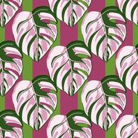 tropisch naadloos patroon op gestreepte achtergrond. abstracte textuurdecoratie met de roze kleur van bladmonstera. vector