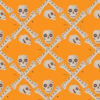 grijze schedels en botten naadloos skeletpatroon. gevarensymbool op bocht oranje achtergrond. vector
