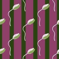 naadloze patroon met doodle groene eenvoudige stijl poppy bloemen bud ornament. paarse en groene gestreepte achtergrond. vector