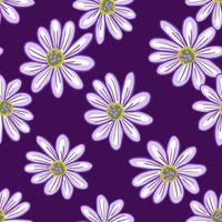 eenvoudig bloemen naadloos patroon met voorgevormde madeliefjebloemenvormen. paarse achtergrond. natuurlijke achtergrond. vector