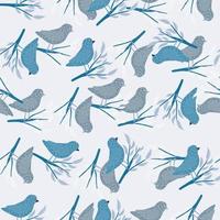 naadloos botanisch en dierlijk vliegpatroon met willekeurig blauw vogels en takkenornament. vector