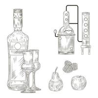 set van schnaps. duitsland traditionele alcoholische drank. fles, glas, alembic, framboos, appel, peer. vector