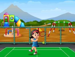 tekenfilm een klein meisje dat tennis speelt vector
