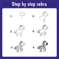 tekenles voor kinderen. hoe teken je een zebra. tekenles voor kinderen. herhaalt stap voor stap het beeld. kinderactiviteit kunstpagina voor boek. vectorillustratie. vector