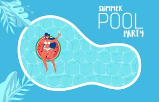 Hoogste mening van de partij van de de zomerpool. Zomertijd hete verkoop reclameontwerp met meisje op rubberring in zwembad.