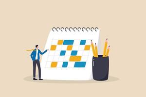 blijf georganiseerd strikt volgens planning en deadline, stop uitstelgedrag en controleer het werkproces netjes, beheer de gewoonte voor een betere productiviteit en efficiëntieconcept, zakenman organiseerde zijn kalender.