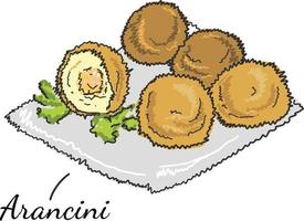 arancini met vleesvulling, runderrolletjes, gebakken perziken en mosselen in saus, arancinimaaltijden. traditioneel Italiaans fastfood. europees tussendoortje. vector