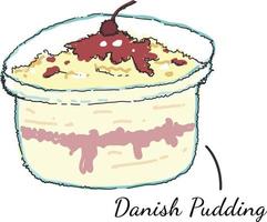 deense keuken eten, maaltijden, vector. Deense, Europese keuken speciale pudding in glazen kom met romige textuur en toppings vector