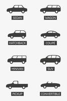 auto type pictogramserie. vector symbool van auto's. varianten van carrosseriepictogrammen