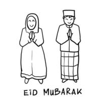 met de hand getekend van moslimvrouwen en -mannen die gelukkige eid de heilige viering voor de islamitische religie begroeten. doodle stijl vector