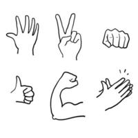 hand getrokken hand emojis gebaren vector iconen set. biceps, vuist, gevouwen handen, overwinning. tekening