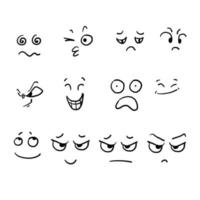 verzameling handgetekende cartoongezichten. expressieve ogen en mond, lachende, huilende en verbaasde gezichtsuitdrukkingen. karikatuur komische emoties of emoticon doodle vector