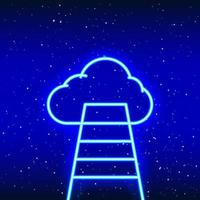 neonblauwe trap naar het wolkenpictogramontwerp. succes-idee fase. trapteken naar wolken die uit de grond oprijzen. neon ladder en wolkenpictogram realistisch neonpictogram. lineaire pictogram op blauwe achtergrond. vector