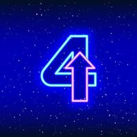 nummer 4 en pijlpictogram in neonblauwe en roze kleur. pijlcijfer vier van ruimtesterren. neon lineair cijferontwerp. realistisch neonpictogram. lineaire pictogram op blauwe achtergrond. vector