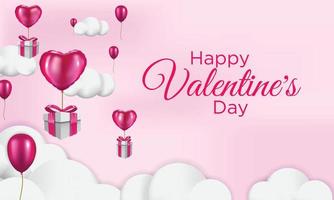 geschenkdozen met hartballon die door de lucht drijft, gelukkige valentijnskaart, 3D-realistische stijl vector