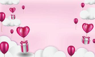 geschenkdozen met hartballon die door de lucht drijft, Valentijnsdag achtergrondsjabloon, 3D-realistische stijl vector