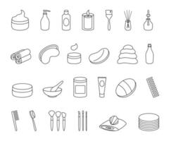 set van lineaire pictogrammen cosmetica, spa, schoonheidssalon. contoursymbolen van een pot crème, lotion, handdoeken, pleisters, borstels voor een website, applicatie. vector geïsoleerde illustratie.