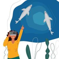 jonge vrouw onderwater kijken met vr-bril. virtual reality concept illustratie. leuke illustratie met een vrouw die een vr-bril draagt en opgewonden is om haaien te zien. vector