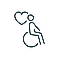 liefdadigheid en doneren concept. handicap patiënt in rolstoel lijn icoon. vrijwilligerszorg voor gehandicapt lineair pictogram. verzorger pictogram. zorg en hulpverlening. vectorillustratie. vector