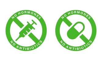 niet toegevoegd antibioticum, hormoonpictogram. biologisch, gezond, natuurlijk, gecertificeerd, geen antibioticumlabel. voedsel zonder hormonen en antibioticum groen teken. geïsoleerde vectorillustratie. vector