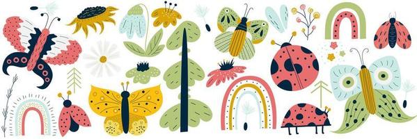 scandinavische lenteset met vlinder, lieveheersbeestje, bloem en regenboog. zomer bloemen Scandinavisch kinderdagverblijf print ontwerp. platte vectorillustratie. zonnebloem, snodrop, madeliefje en boom voor lenteontwerp. vector