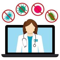 doktersconsult over bacteriebescherming op internet. verschillende viruspictogrammen voor medische banner vector