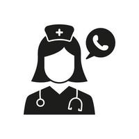 online medische hulp silhouet icoon. ziekenhuis callcenter operator pictogram. dokter ondersteuning hulplijn zwart pictogram. medisch personeel, handset telefoon. geïsoleerde vectorillustratie. vector