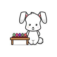 schattig konijn verkopen kleurrijke eieren cartoon vectorillustratie pictogram vector