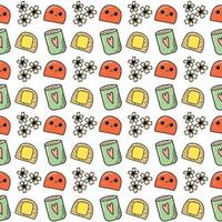 vector naadloos patroon. Japanse zoete voedselcake. beker voor thee, fruit, blad, tas, dessert, hart, bloemen, ijs. schattig kawaii karakter icoon van mochi. voor stof, bedrukking, kaarten, online winkels.