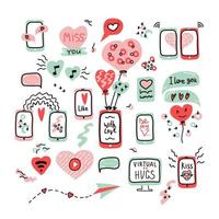 Valentijnsdag grote set doodle pictogram bericht virtuele liefde. internet liefde, mobiele telefoon, monitor, video, audio, praten, chatten, decoratie, hart, ballon lijntekeningen. met de hand getekend plat en belettering vector