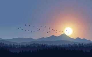 berg silhouet zonsondergang scène met vliegende vogels vector