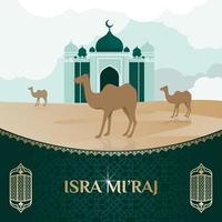 al-isra wal mi'raj nachtreis van de profeet Mohammed. post-feed vierkante achtergrond. woestijn kameel reizen illustratie met moskee