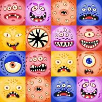 eng monster of aliens worden geconfronteerd met maskers met mond en ogen. cartoon vector monster gezichten set met verschillende expressies emoties.