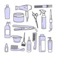 haarverzorgingsproducten. een set cosmetica en items. in zeer peri kleur vectorillustratie in doodle stijl. vector