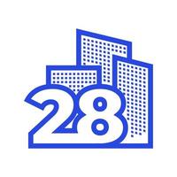 nummer 28 met gebouw logo ontwerp vector grafisch symbool pictogram illustratie creatief idee