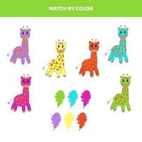 match cartoon giraffen en bladeren op kleur. spel voor kinderen. vector