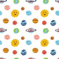 ruimte elementen naadloos patroon in cartoon platte kinderachtige stijl. vectorillustratie van planeten aarde, venus, kwik, jupiter, saturnus, mars, neptunus, uranus, pluto voor babykleding, textiel vector