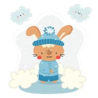 schattige cartoon winter konijn. grappig dierlijk karakter voor kinderontwerp. winterconcept. platte vectorillustratie. vector