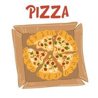 pizza op een houten standaard. heerlijke pizza met mozzarella kaas, worst, champignons, kruiden en peper. traditioneel Italiaans fastfood. vector hand tekenen cartoon afbeelding
