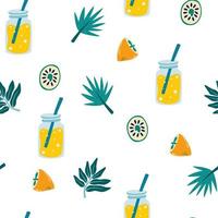 limonade naadloos patroon. glazen pot met een drankje, palmbladeren, limoen en citroen. verfrissend zomerdrankje. perfect voor stof, verpakking, behang, textiel, kleding. cartoon vectorillustratie. vector