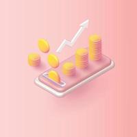 witte pijl en gouden muntstapels op roze groeiconcept geld besparen groeimarkt zakelijke winst vector