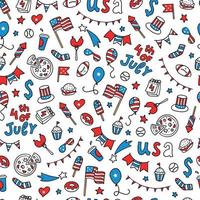 schattig naadloos patroon gemaakt van handgetekende doodles voor Amerikaanse onafhankelijkheidsdag, 4 juli. behang, inpakpapier, scrapbooking, briefpapier, textiel printontwerp. eps 10 vector