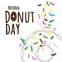 nationale donut dag tekst in cartoon stijl met veelkleurige gebak topping op donut in zeer fijne tekeningen geïsoleerd op een witte achtergrond vector