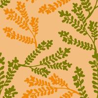 naadloos vectorpatroon met groene en oranje silhouetten van kruiden op bruine achtergrond. twijgen met kleine blaadjes. goede print voor behang, textiel, inpakpapier, keramische tegels vector