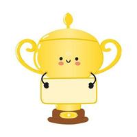 leuke grappige gouden trofee beker met poster. vector hand getekend cartoon kawaii karakter illustratie pictogram. geïsoleerd op blauwe achtergrond. gelukkige gouden trofee beker denk concept