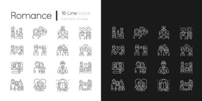 romantiek lineaire pictogrammen instellen voor donkere en lichte modus. romantische liefde. partners tijd samen doorbrengen. aanpasbare dunne lijn symbolen. geïsoleerde vectoroverzichtsillustraties. bewerkbare streek vector