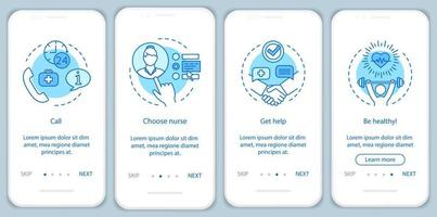 inhuren van verpleegkundige onboarding mobiele app pagina scherm vector sjabloon. stappen op de website van thuiszorgservice. praktische zorgverlener kiezen, verzorgende. hulp aan huis. ux, ui, gui smartphone-interface