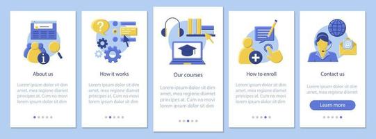 online cursussen mobiele app paginascherm vectorsjabloon. online lessen, school, ecourses informatie. e-leren. platte ontwerp website instructies. ux, ui, gui smartphone interface cartoon concept vector